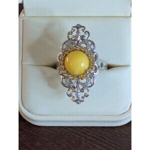 Sterling Silver Baltic Amber Cocktail Ring - Yellow, Amber, Citrine, Size 11